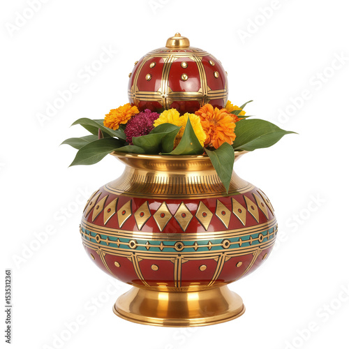 Ornate Indian Kalash Vessel with Marigold and Leaves