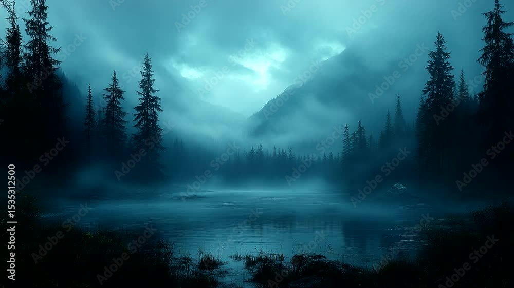 Misty forest lake at dawn