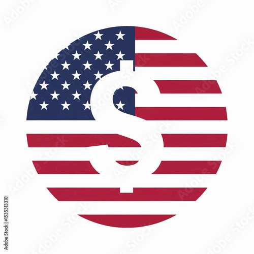 This high-quality image features a circular American flag graphic with stars and stripes, centrally overlaid by a white dollar sign, all with fine details and suitable for vector use.