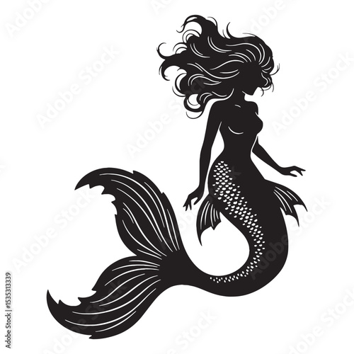 Classic Powerful Siren Mythical Bird-Woman Depiction Graphic with Open Mouth and Dark Wings - siren silhouette - siren vector - silhouette of siren - Siren illustration
