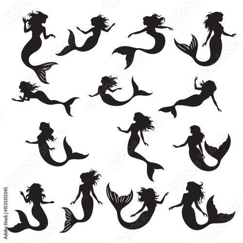 Striking Vector Mermaid Water Being Concept Image with Pretty Features and Waving Tail - mermaid silhouette - mermaid vector - silhouette of mermaid
