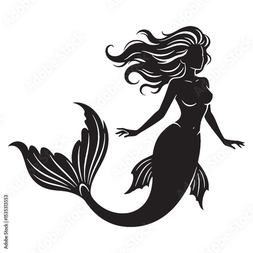 Mysterious Shadowy Siren Ocean Spirit Graphic Vector with Alluring Look and Dangerous Charm - siren silhouette - siren vector - silhouette of siren
