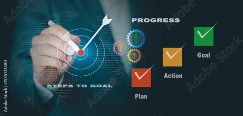 Steps to goal achieved progress concept. achievement process.Checklist, Workflow Process for Quality Assurance completion, Business action plan, Management, and tracking strategies