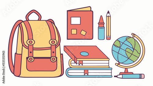 Colorful hand drawn school supplies illustration featuring backpack books globe and stationery