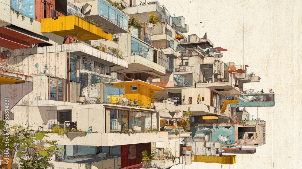 Fototapeta premium Abstract depiction of modern architecture featuring colorful balconies and unique urban design elements in a vibrant aesthetic