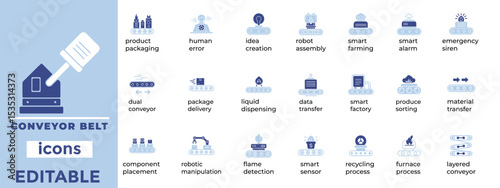 Editable conveyor belt vector icons for manufacturing, automation, and logistics—clean, modern, and industry-ready visuals.