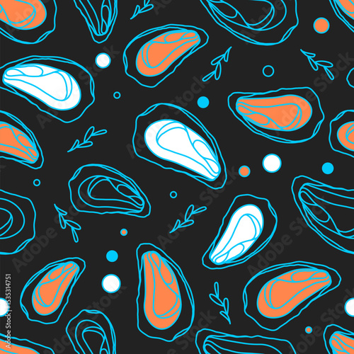 Line art seamless pattern with oysters or mussels. Seafood background. Vector illustration.
