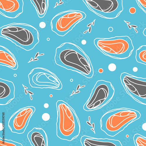Line art seamless pattern with oysters or mussels. Seafood background. Vector illustration.