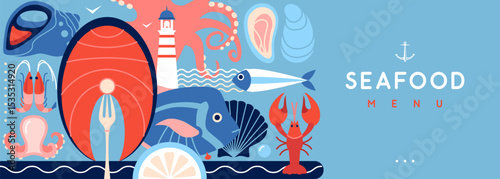 Flat seafood poster or banner with lobster, fish, shrimp, oysters, octopus and lighthouse. Restaurant seafood menu design. Vector illustration