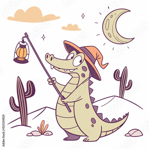 Delightful Amused Crocodile in a Desert sunset scene with with a magic wand – Sundown Glow vector illustration