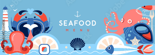 Flat seafood poster or banner with crab, fish, shrimp, oysters, octopus and lighthouse. Restaurant seafood menu design. Vector illustration