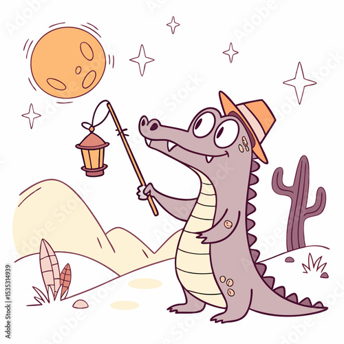Delightful Amused Crocodile in a Desert sunset scene with with a magic wand – Sundown Glow vector illustration
