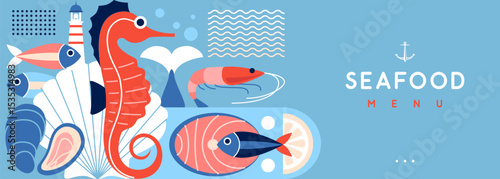 Flat seafood poster or banner with salmon, fish, shrimp, oysters, sea horse and lighthouse. Restaurant seafood menu design. Vector illustration