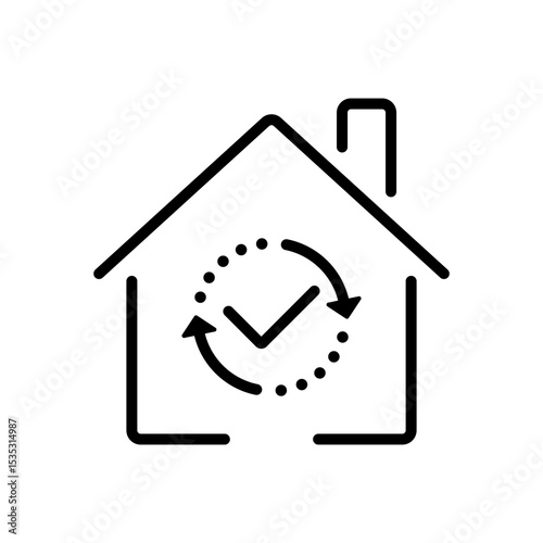 Smart home automation icon with check mark and circular arrows. Vector outline concept of daily routine, smart system, schedule, automatic house control, efficiency and safety.