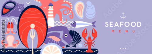 Flat seafood poster or banner with lobster, fish, shrimp, oysters, octopus and lighthouse. Restaurant seafood menu design. Vector illustration