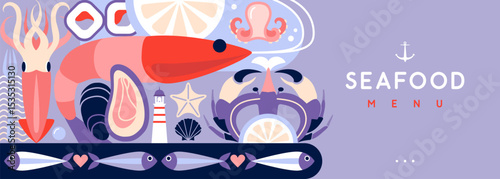 Flat seafood poster or banner with crab, fish, shrimp, squid, octopus and lighthouse. Restaurant seafood menu design. Vector illustration