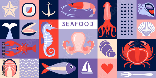 Flat seafood poster or banner with crab, fish, shrimp, oysters, octopus, squid, shell and lobster. Restaurant seafood menu design. Vector illustration