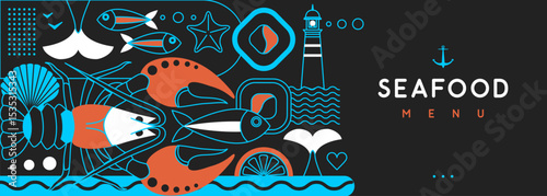 Flat seafood poster or banner with lobster, fish, sushi, scallop and lighthouse. Restaurant seafood menu design. Vector illustration