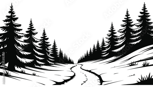 Frozen winter forest landscape with snowy pine trees and mountains, a cold nature scene