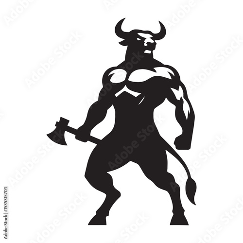 Monochrome Minotaur Grotesque Monster Form Depiction with Primitive Features and Threatening Presence - minotaur silhouette - minotaur vector - silhouette of minotaur - Minotaur illustration

