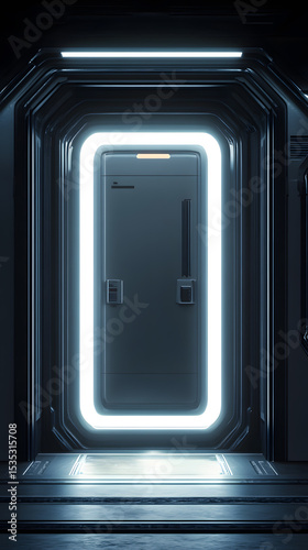 Futuristic Door with Illuminated Frame in a Dark, High-Tech Environment