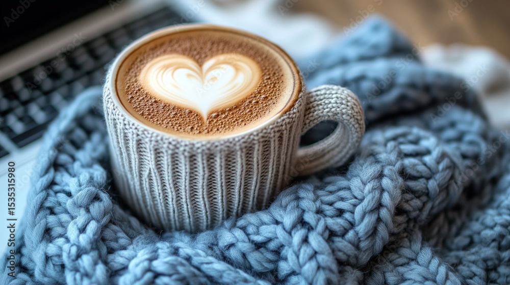 Warm latte art in cozy knitted cup on blue blanket near laptop Warm latte art in cozy knitted cup on blue blanket near laptop