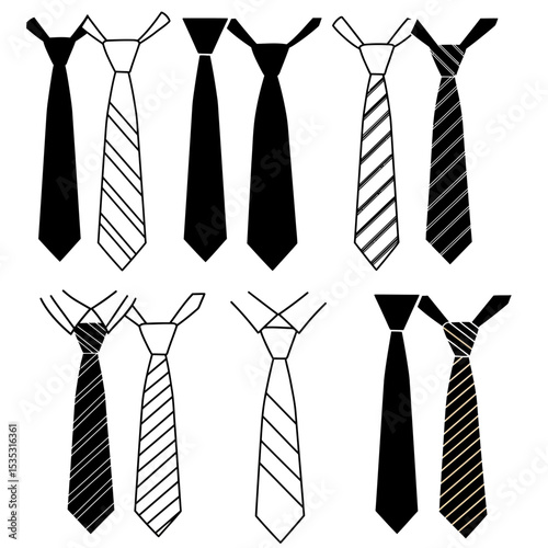 Hand-drawn sketch set of collars with ties on a white background. Collar with no tie, bow tie and brooch pin,  collar with cravat neckerchief, continental tie, simple traditional tie with no patterns
