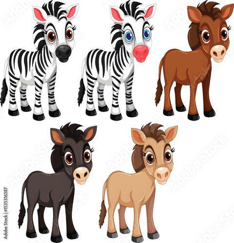 Adorable Zebras and Horses Cartoon Set Showcasing Playful Friendship in a Vibrant Wild Landscape.