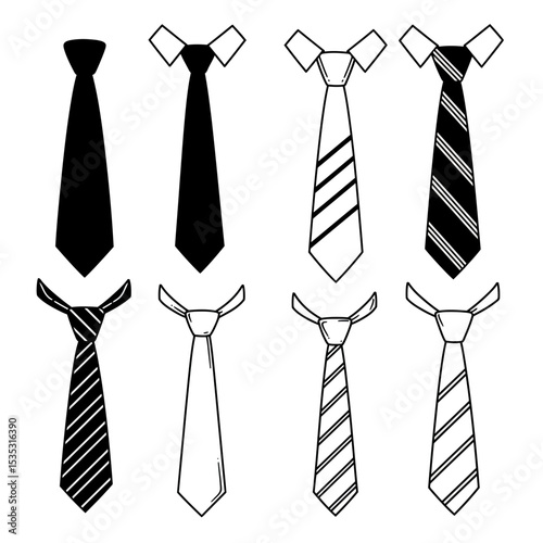 Hand-drawn sketch set of collars with ties on a white background. Collar with no tie, bow tie and brooch pin,  collar with cravat neckerchief, continental tie, simple traditional tie with no patterns