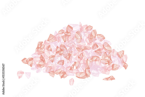 Pile of pink Himalayan salt crystals forming small mountain on white background