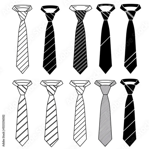 Hand-drawn sketch set of collars with ties on a white background. Collar with no tie, bow tie and brooch pin,  collar with cravat neckerchief, continental tie, simple traditional tie with no patterns