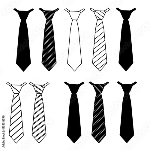 Hand-drawn sketch set of collars with ties on a white background. Collar with no tie, bow tie and brooch pin,  collar with cravat neckerchief, continental tie, simple traditional tie with no patterns