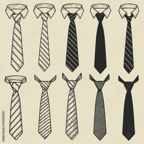Hand-drawn sketch set of collars with ties on a white background. Collar with no tie, bow tie and brooch pin,  collar with cravat neckerchief, continental tie, simple traditional tie with no patterns