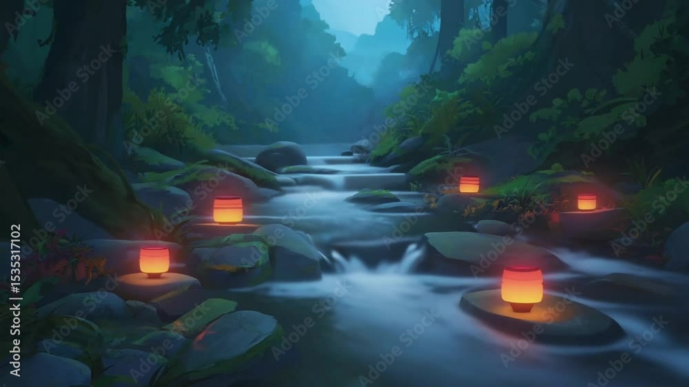 A tranquil forest creek alive smooth red gray stones light water unseen breath emotion, forest sync, poetic slow motion, symbolic nature spirit embodied flow stream, deeply emotional artistic, soft 4k
