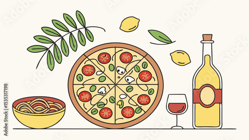 Delicious hand drawn pizza pasta wine and lemon vector illustration perfect for food design projects