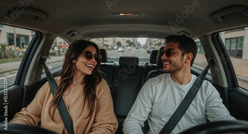 young latino couple riding hover taxi laughing in backseat