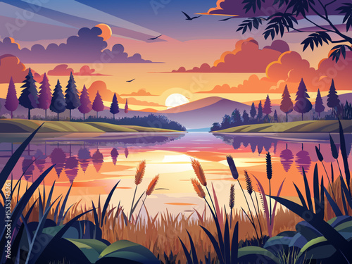 vector of Panorama of the beautiful sunrise over the lake with marsh plants on the water