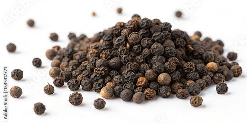 Heap of whole black peppercorns spice isolated on white background, aromatic culinary seasoning, gourmet cooking ingredient, spicy dried pepper grains, flavorful healthy food condiment close-up