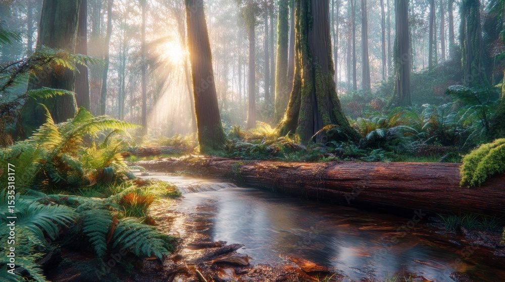 Obraz premium Sunbeams Illuminate a Misty Forest Stream