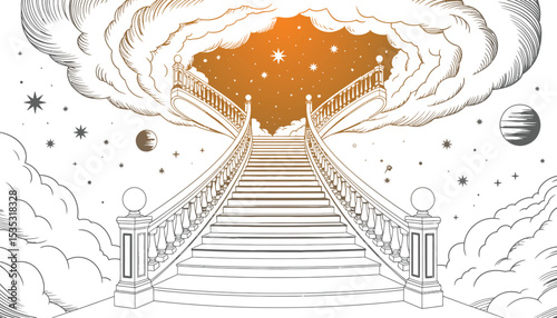 A 3D architectural concept illustration of a stairway to the sky, featuring a modern, patterned line design