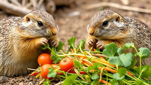 Hungry black tailed prairie dogs tucking into their vegetables