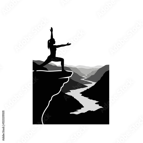 Warrior Pose Yogi Icon: Cliff Edge, Scenic Valley, Strength & Balance