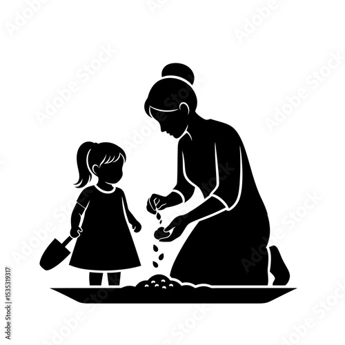Nurturing & Legacy Icon: Woman Planting Seeds, Girl Watching Silhouette