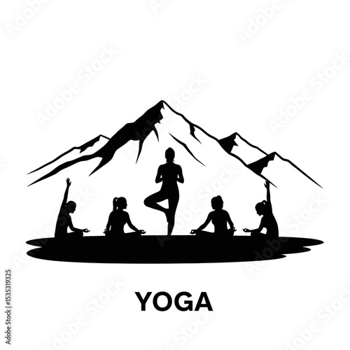 Outdoor Yoga Class Icon: Instructor & Peaceful Mountain Backdrop