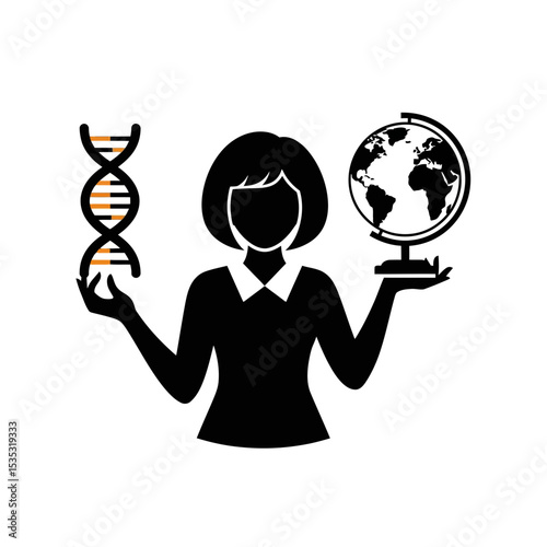 Science & Global Progress Icon: Woman Holding DNA Strand & Globe