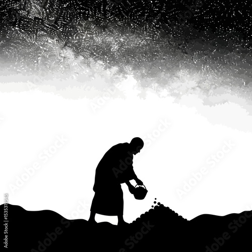 Muzdalifah Pebbles Collection Icon: Pilgrim Under Starlit Sky Silhouette