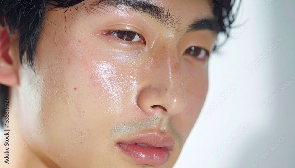 Fototapeta premium 日本人, 超リアル, 美しい, 若い男性, 顔, クローズアップ, 欠点のない肌, 輝く肌質, ナチュラルメイク, 柔らかなライティング, 美容CM風, シネマティック, カメラ目線, 高解像度,Japanese, ultra-realistic, beautiful, young man, face, close-up, flawless skin, glowing complexion