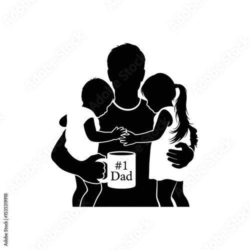 Number 1 Dad Icon: Father with Mug Hugging Children Silhouette