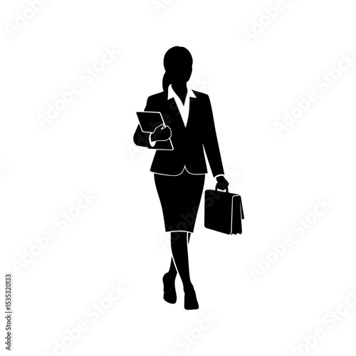 Confident African Businesswoman Icon: Tablet & Briefcase Silhouette