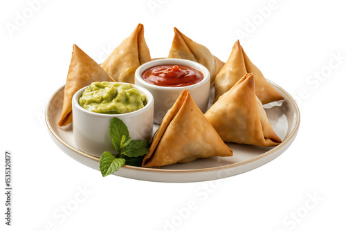 Crispy Golden-Brown Samosas with Dips on White Plate